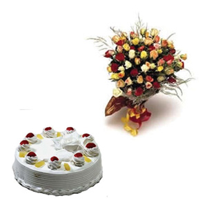 Pinapple Cake N Multicoloured Roses