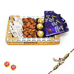 Tray with Chocolate, Dryfruits and Sweets with Rakhi