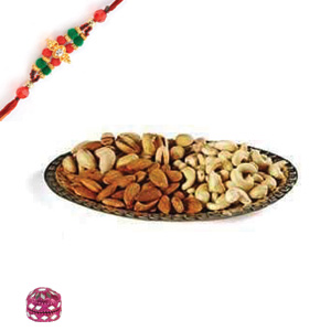Dry Fruits in a Siver Tray with Rakhi