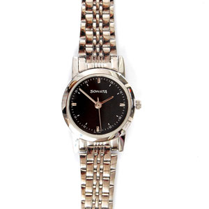 Metallic Band Timepiece With Black Dial