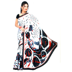 White Saree with Black prints