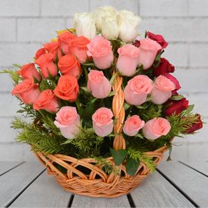 Mixed Roses in Round Basket