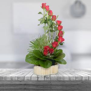 12 Red Roses Basket With Green