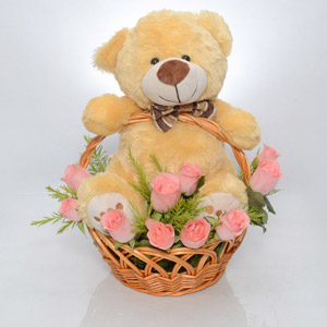Teddy in a Pink Roses Basket