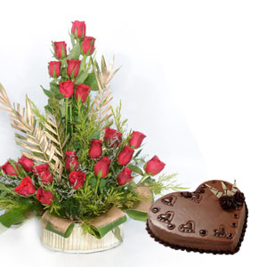 Chocolate Cake & Roses Basket
