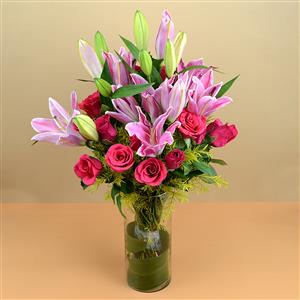 Pink Rose & Lilies in a Vase