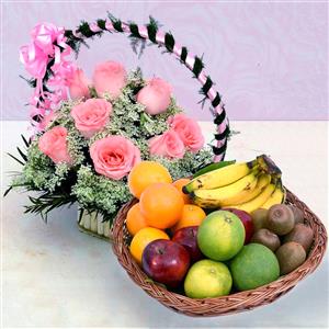 Pink Roses & Healthy Fruit Basket