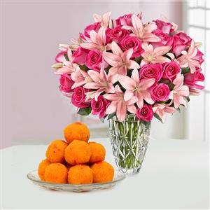 Laddu, Roses & Lily in Vase