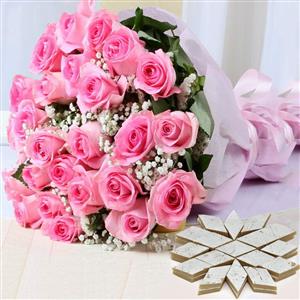 Kaju Barfi & Pink Roses
