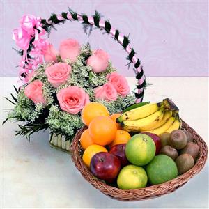 Pink Roses With Healthy Fruit Basket Hamper-Midnight