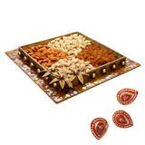 Send Dry Fruits in Designed Tray with Diyas to India