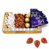 Send Tray with Chocolate, Dryfruits and Sweets with Diyas to India