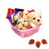 Send Chocolates and Soft Toy Hamper with Diyas to India