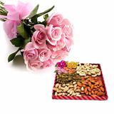 Send Pink Roses and Dry fruits to India