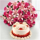 Red Velvet Cake & Flower Bouquet