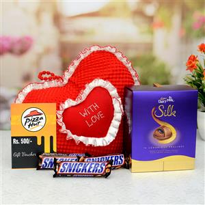 Chocolates With Love Cushion & Pizza Hut Voucher Combo Chocolates With Love Cushion & Pizza Hut Voucher Combo