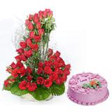 Send Strawberry Round Cake with Roses Basket Hamper Flowers & Cakes to Karachiya Send Strawberry Round Cake with Roses Basket Hamper Flowers & Cakes to Karachiya
