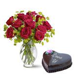 Send 12 Red Roses Arrangement and Heart Shaped 1 Kg Chocolate Cake Flowers & Cakes to Sonamura Send 12 Red Roses Arrangement and Heart Shaped 1 Kg Chocolate Cake Flowers & Cakes to Sonamura