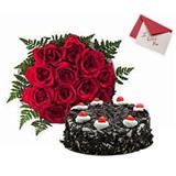 Send 12 Roses with Black Forest cake with Free Valentine Greetings card Gift Hampers to Dwarka Send 12 Roses with Black Forest cake with Free Valentine Greetings card Gift Hampers to Dwarka