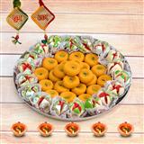 Send Diwali Sweets Thali - Kesaria Peda with Kaju Pista Phool in a Thali Diwali Sweets Thali to Mangalore Send Diwali Sweets Thali - Kesaria Peda with Kaju Pista Phool in a Thali Diwali Sweets Thali to Mangalore