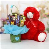 Send Chocolates Bouquet in a Basket with Big Red Teddy Bear Gift Hampers to Mysore Send Chocolates Bouquet in a Basket with Big Red Teddy Bear Gift Hampers to Mysore
