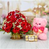 Send 50 Pcs Red Roses Basket with Teddy & Ferrero Rocher Gift Hampers to Vadnagar Send 50 Pcs Red Roses Basket with Teddy & Ferrero Rocher Gift Hampers to Vadnagar