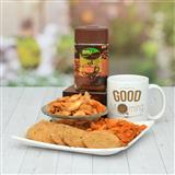 Send Haldiram Masala Namkeen, Mathri Namkeen, Soya Stick in a Plate with Coffee & Mug Gift Hampers to Mangalore Send Haldiram Masala Namkeen, Mathri Namkeen, Soya Stick in a Plate with Coffee & Mug Gift Hampers to Mangalore