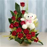 Send 15 Red Roses Basket with Teddy Sitting on Basket Flowers & Teddies to Tumkur Send 15 Red Roses Basket with Teddy Sitting on Basket Flowers & Teddies to Tumkur