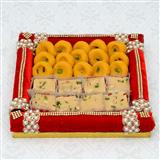 Send Sweets Thali - Kesaria Peda with Mawa Pista Barfi in a Thali Thali to Davangere Send Sweets Thali - Kesaria Peda with Mawa Pista Barfi in a Thali Thali to Davangere
