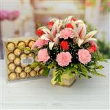 Send Ferrero Rocher & Lovely Mixed Flower Basket Combo Flowers & Chocolates to Tumkur Send Ferrero Rocher & Lovely Mixed Flower Basket Combo Flowers & Chocolates to Tumkur