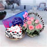 Send Love Black Forest Cake With Pink Rose & Chocolate Combo Flower Hampers to Bahawalpur Send Love Black Forest Cake With Pink Rose & Chocolate Combo Flower Hampers to Bahawalpur