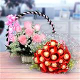 Send Ferrero Rocher Bouquet & Pink Rose Basket Gift Hampers to Ichalkaranji Send Ferrero Rocher Bouquet & Pink Rose Basket Gift Hampers to Ichalkaranji