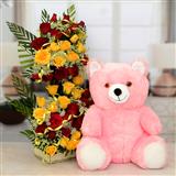 Send Pink Teddy with Exotic Yellow & Red Rose Basket Flowers & Teddies to Srirangapatna Send Pink Teddy with Exotic Yellow & Red Rose Basket Flowers & Teddies to Srirangapatna