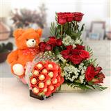 Send Teddy With Chocolate Bouquet & Red Rose Basket Flower Hampers to Valikadai Send Teddy With Chocolate Bouquet & Red Rose Basket Flower Hampers to Valikadai