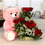 Send Pink Teddy Bear with Exotic Red Rose Basket Flowers & Teddies to Chitradurga Send Pink Teddy Bear with Exotic Red Rose Basket Flowers & Teddies to Chitradurga