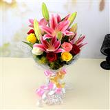 Send 12Pcs Assorted Rose with 9Pcs Lily Bouquet Flowers to Sangrur Send 12Pcs Assorted Rose with 9Pcs Lily Bouquet Flowers to Sangrur