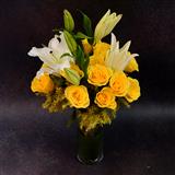 Send 18 Pcs Yellow Rose and 6 Pcs White Lily in a Vase Flowers to Umreth Send 18 Pcs Yellow Rose and 6 Pcs White Lily in a Vase Flowers to Umreth