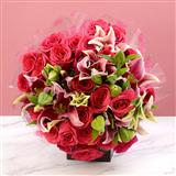 Send 24 Pcs Pink Rose & 5 Stem Lily Bouquet Flowers to Umreth Send 24 Pcs Pink Rose & 5 Stem Lily Bouquet Flowers to Umreth