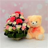 Send Sweet Pink Flower Basket With Cream Teddy Gift Hampers to Khambhat Send Sweet Pink Flower Basket With Cream Teddy Gift Hampers to Khambhat