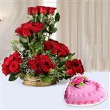 Send Heart Shaped Strawberry Cake & Red Rose Basket Gift Hampers to Bhuj Send Heart Shaped Strawberry Cake & Red Rose Basket Gift Hampers to Bhuj