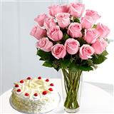 Send White Forest Cake & 18 Pink Rose In A Vase Gift Hampers to Bhuj Send White Forest Cake & 18 Pink Rose In A Vase Gift Hampers to Bhuj