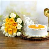 Send Mango Cake With White & Yellow Rose Bouquet Gift Hampers to Kachiguda Send Mango Cake With White & Yellow Rose Bouquet Gift Hampers to Kachiguda