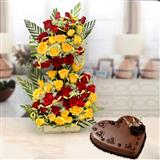 Send Heart Shape Chocolate Cake With Multicolor Rose Basket Flowers & Cakes to Chitradurga Send Heart Shape Chocolate Cake With Multicolor Rose Basket Flowers & Cakes to Chitradurga