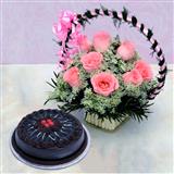 Send Chocolate Cake With Pink Rose Basket Flowers & Cakes to Chitradurga Send Chocolate Cake With Pink Rose Basket Flowers & Cakes to Chitradurga