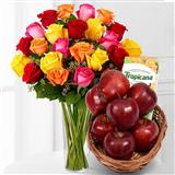Send Multicolor Roses In A Vase With Apple Basket Flowers & Fruits to Maddur Send Multicolor Roses In A Vase With Apple Basket Flowers & Fruits to Maddur