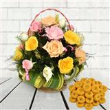 Send Kesaria Peda With Multicolor Rose Basket Flowers & Sweets to Jhabua Send Kesaria Peda With Multicolor Rose Basket Flowers & Sweets to Jhabua