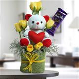 Send Yellow Roses Dairy Milk with White Teddy Bouquet Gift Hampers to Sinor Send Yellow Roses Dairy Milk with White Teddy Bouquet Gift Hampers to Sinor
