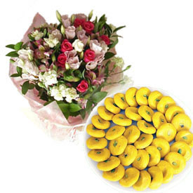 Send Kesaria Peda with Seasonal Flower - Midnight Delivery to Hyderabad