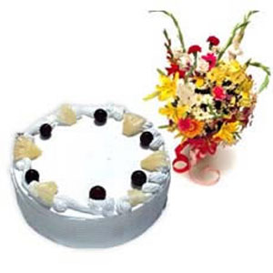 Mixed flowers and 1/2 Kg pineapple cake
