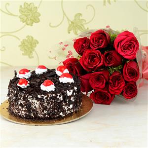 12 Roses with  Black Forest cake